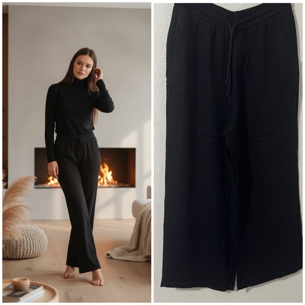 HALARA Women NWT Petite Large High Waisted Black Wide Leg Pocket Drawstring Pant